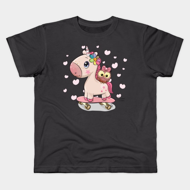 Cute pink little unicorn and owl on a skateboard Kids T-Shirt by playmanko